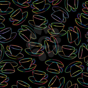 Tea cups seamless pattern over black background