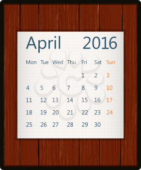 April 2016 paper calendar on wood