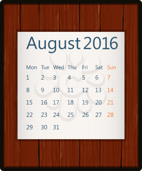 August 2016 paper calendar on wood