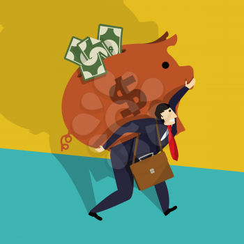 Businessman carries a big piggy bank full of cash, conceptual corporate graphic