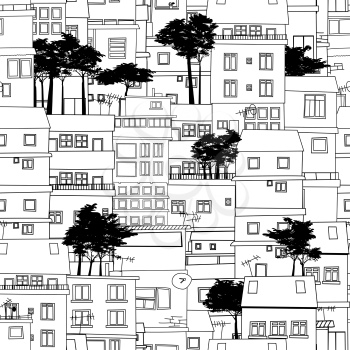 Seamless pattern design with city sketch in black and white