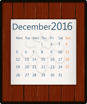 December 2016 paper calendar on wood