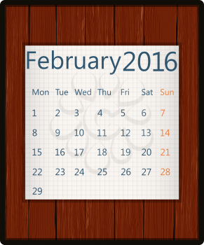 February 2016 paper calendar on wood