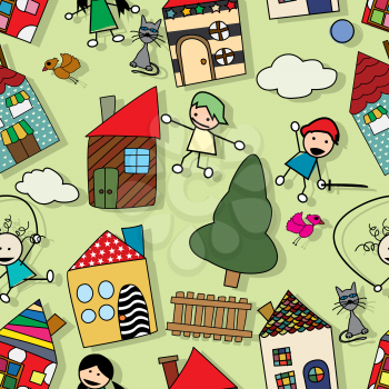 Happy seamless pattern design with playing kids and houses in childlike drawing style