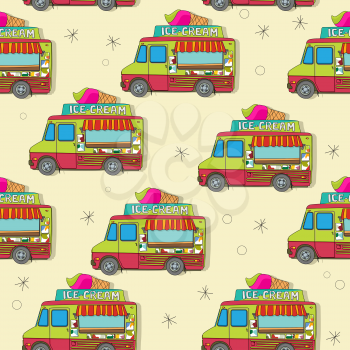 Endless pattern with cartoon icecream trucks