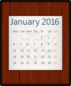  January 2016 paper calendar on wood