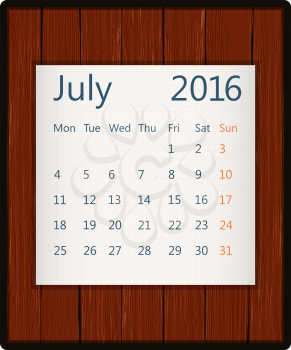 July 2016 paper calendar on wood
