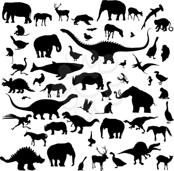 Animals and birds silhouettes for design over white background