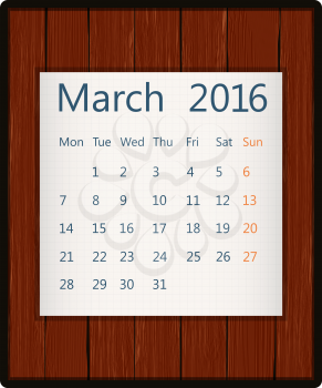 March 2016 paper calendar on wood