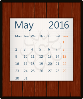 May 2016 paper calendar on wood