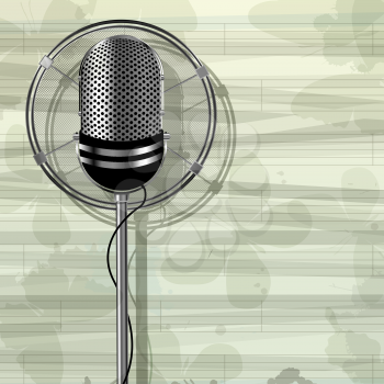 Abstract musical template with retro style metallic microphone and butterflies