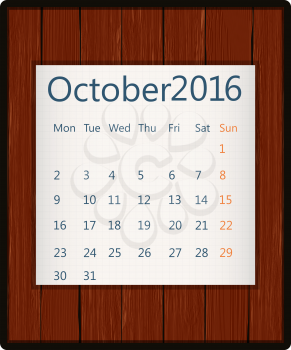 October 2016 paper calendar on wood