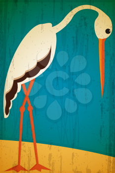 Retro style stork card, grunge background
