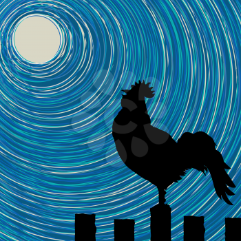 Background illustration with a rooster silhouette on a fence