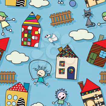 Childlike drawing seamless pattern with houses kids and animals