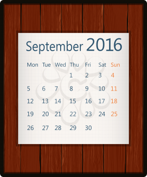 September 2016 paper calendar on wood