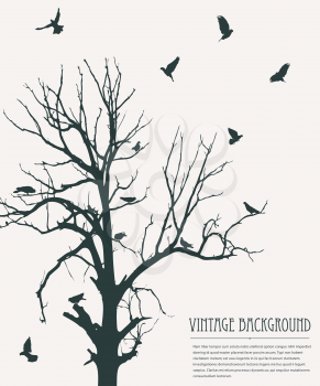 Vintage background with flying birds and tree