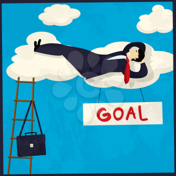 Businessman resting in the clouds after achieving goal, conceptual retro style vector graphic