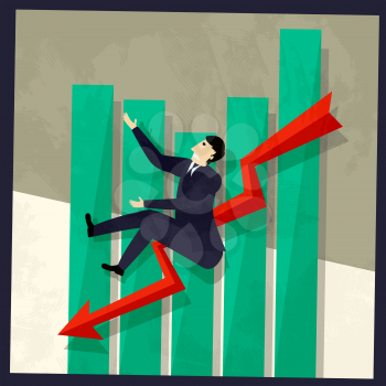 Business man falling over a negative chart, conceptual retro style vector graphic