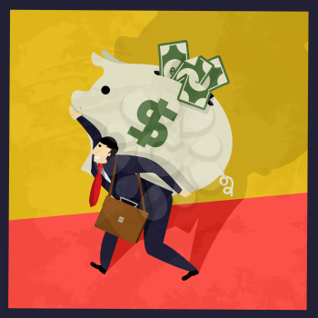 Businessman carries a big piggy bank full of cash, retro style graphic vector