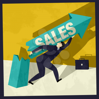 Business man rasing sales conceptual graphic, retro style grunge vector