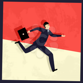 Business man running late, conceptual retro style vector graphic