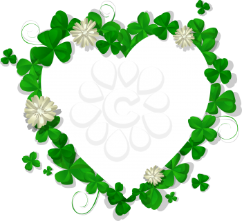Saint Patricks Day vector heart shape frame with shamrock leaves and flowers