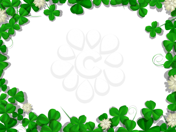 Saint Patricks Day vector rectangular frame with shamrock leaves and flowers over white background