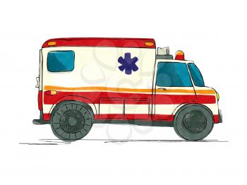 Watercolor style drawing of an  ambulance over white