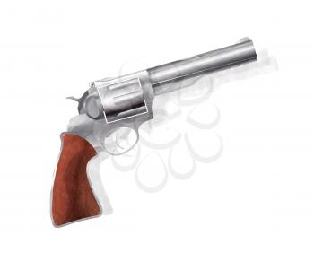 Watercolor style drawing of a revolver over white background