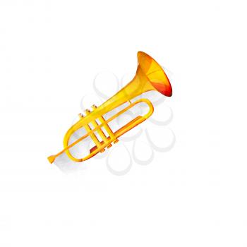 Watercolor shiny golden trumpet over white background