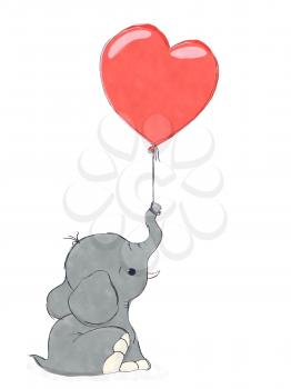 Watercolor elephant holding a heart shape balloon over white background