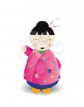 Watercolor illustration of a japanese doll against white background