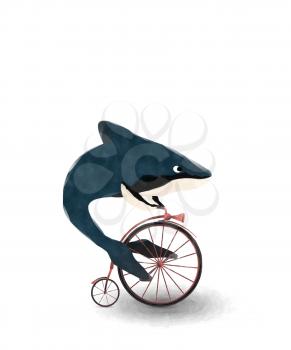 Watercolor  illustration of a blue whale riding a boneshaker bicycle