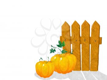 Watercolor pumpkins by the wooden fence on white background