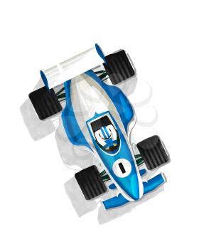 Watercolor racing car in white and blue colors over white