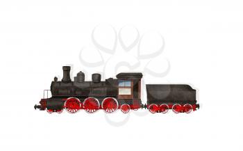 Watercolor steam locomotive riding over a white background