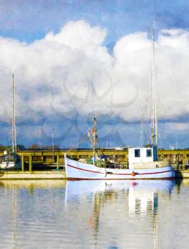 Digital painting composition with sailing ship resting  in the harbor