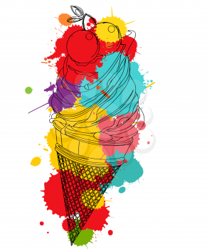 Cherry ice cream outlined over colored spot, vector icon
