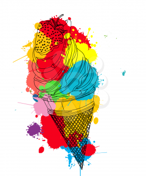 Straberry ice cream outlined over colored spot, vector icon