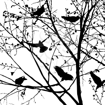 Background illustration with pigeons silhouettes in the trees, vector 