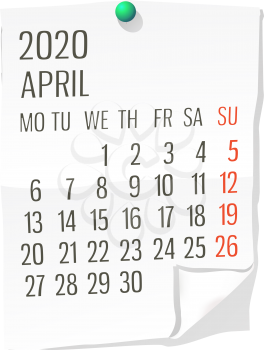 Vector calendar for April ,2020 on white paper  with holding pin over white background