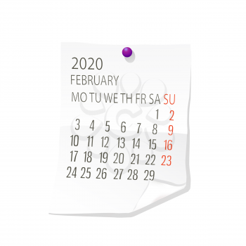 Vector calendar for February 2020 on white paper  with holding pin over white background