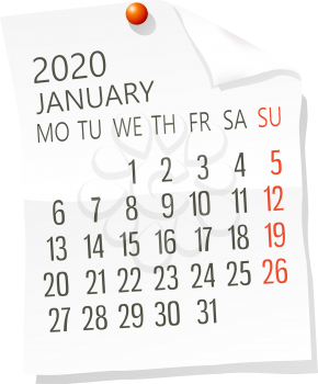 Vector calendar for January 2020 on white paper  with holding pin over white background