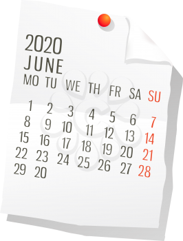 Vector calendar for June ,2020 on white paper  with holding pin over white background