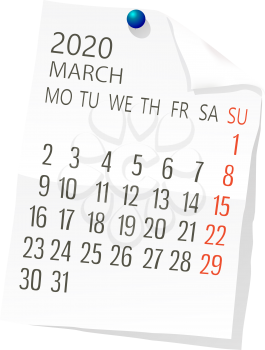 Vector calendar for March ,2020 on white paper  with holding pin over white background