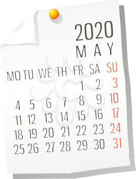 Vector calendar for May ,2020 on white paper  with holding pin over white background