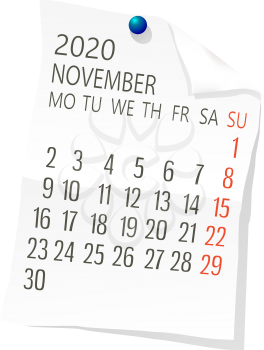 Vector calendar for November ,2020 on white paper  with holding pin over white background