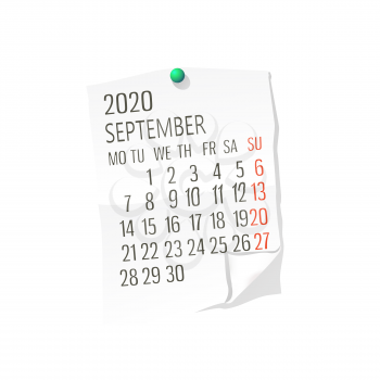 Vector calendar for  September,2020 on white paper  with holding pin over white background
