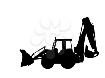 Vector silhouette of a tractor with bulldozer and excavator attachment